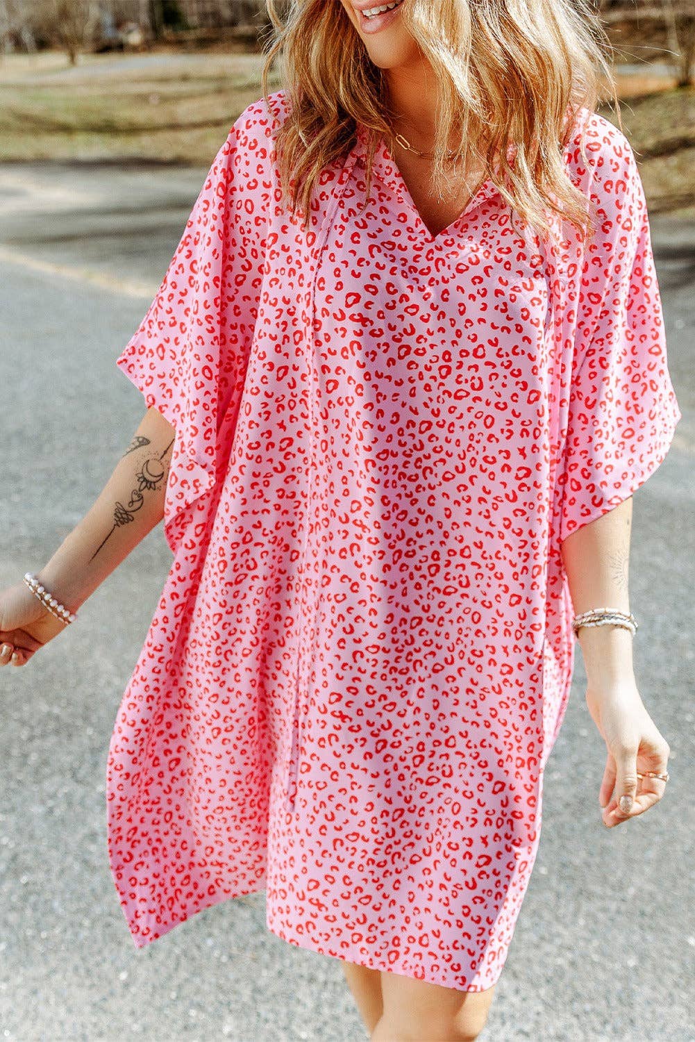 Relaxed Tie Neck Leopard Dress Swimsuit Coverup