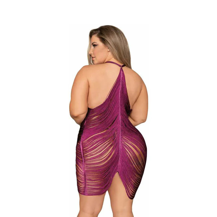 Dreamgirl Halter Fringe Chemise & G-String Mulberry 3XL