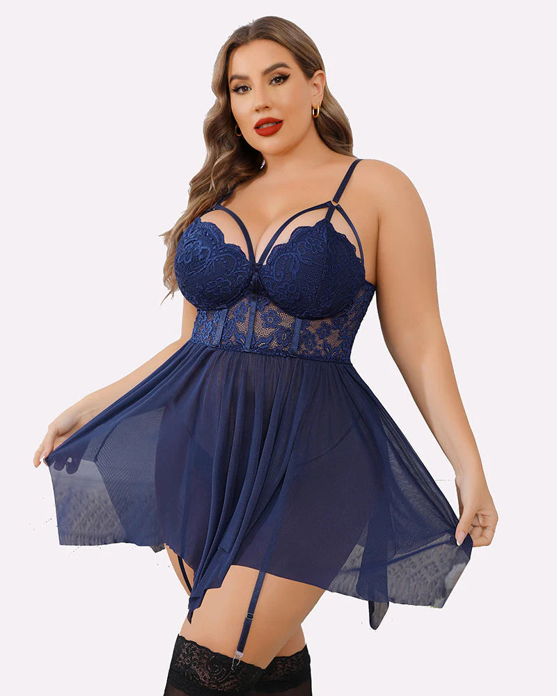 Lace Babydoll Mesh Chemise Boudoir Nighty with Garter Belt