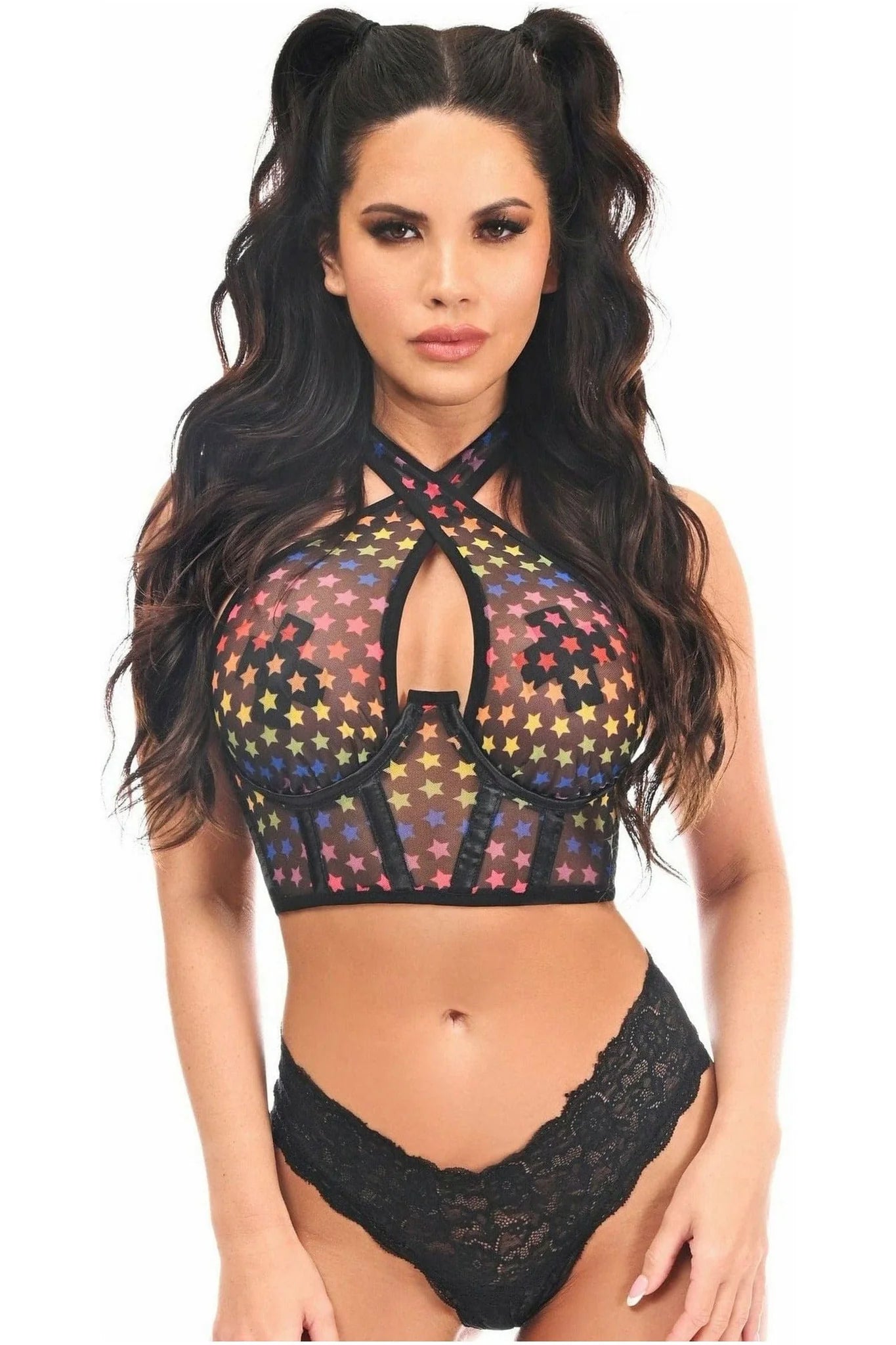 Lavish Rainbow Stars Mesh Underwire Cincher w/Built In Halter Top - Small