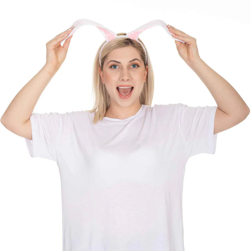 Bunny Ears Headband - Plush Rabbit Ears (White + Pink)