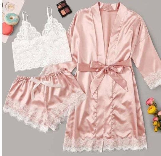 Women Elegant Sexy Lace Satin Pajamas Set