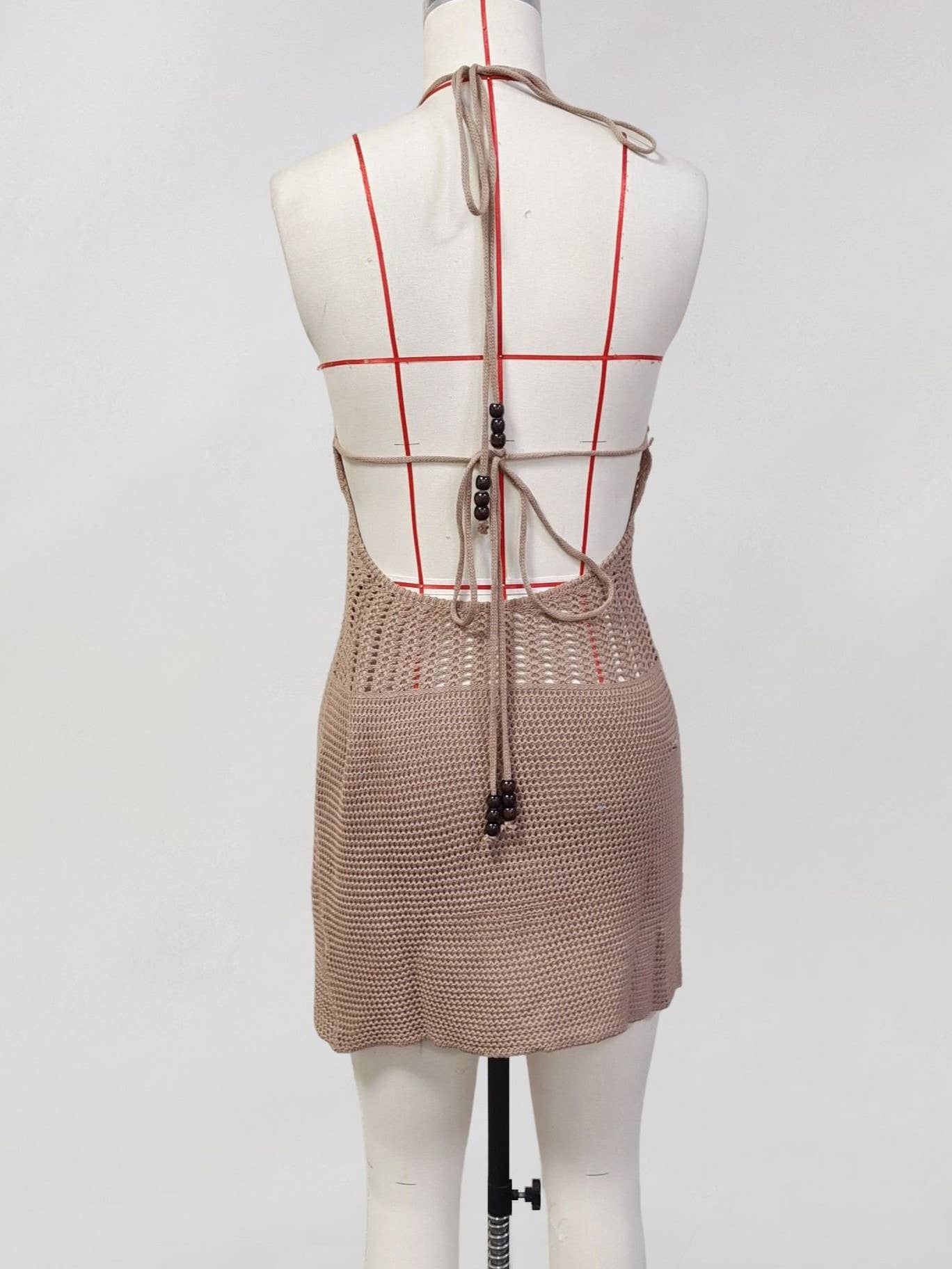 Lace-Up Halter Neck Knit Beaded Beach Cover-Up