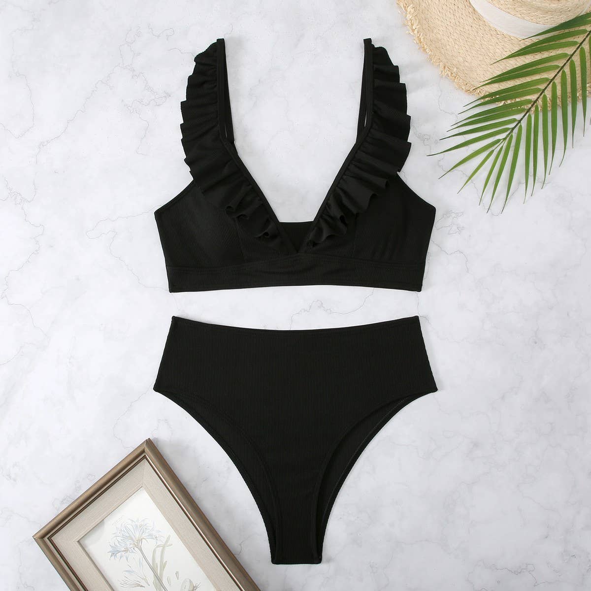 High-Waisted V-Neck Ruffled Bikini Swimsuit_CWMW0200