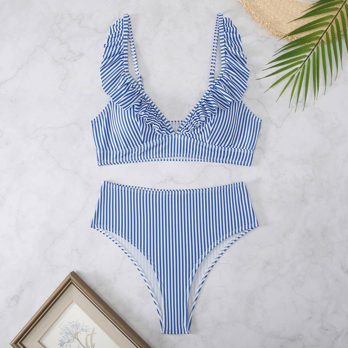 High-Waisted V-Neck Ruffled Bikini Swimsuit_CWMW0200