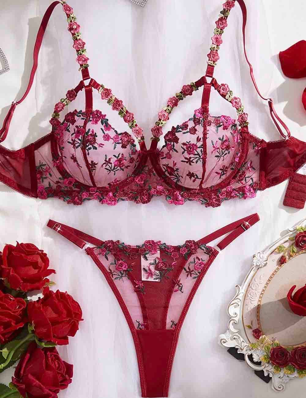 Ladies Floral Embroidery See Through 2PCS Lingerie Set
