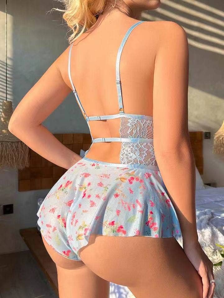 Floral Print Backless Perspective Teddy HF-4042