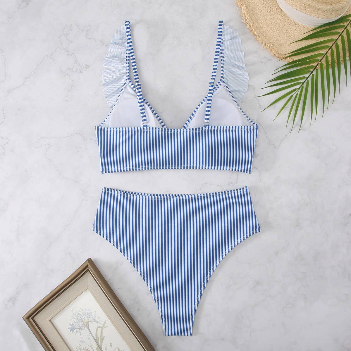 High-Waisted V-Neck Ruffled Bikini Swimsuit_CWMW0200