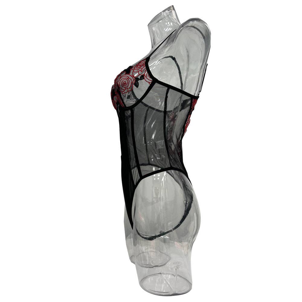 Ladies Floral Embroidery Lingerie See Through Teddy SKLG4028