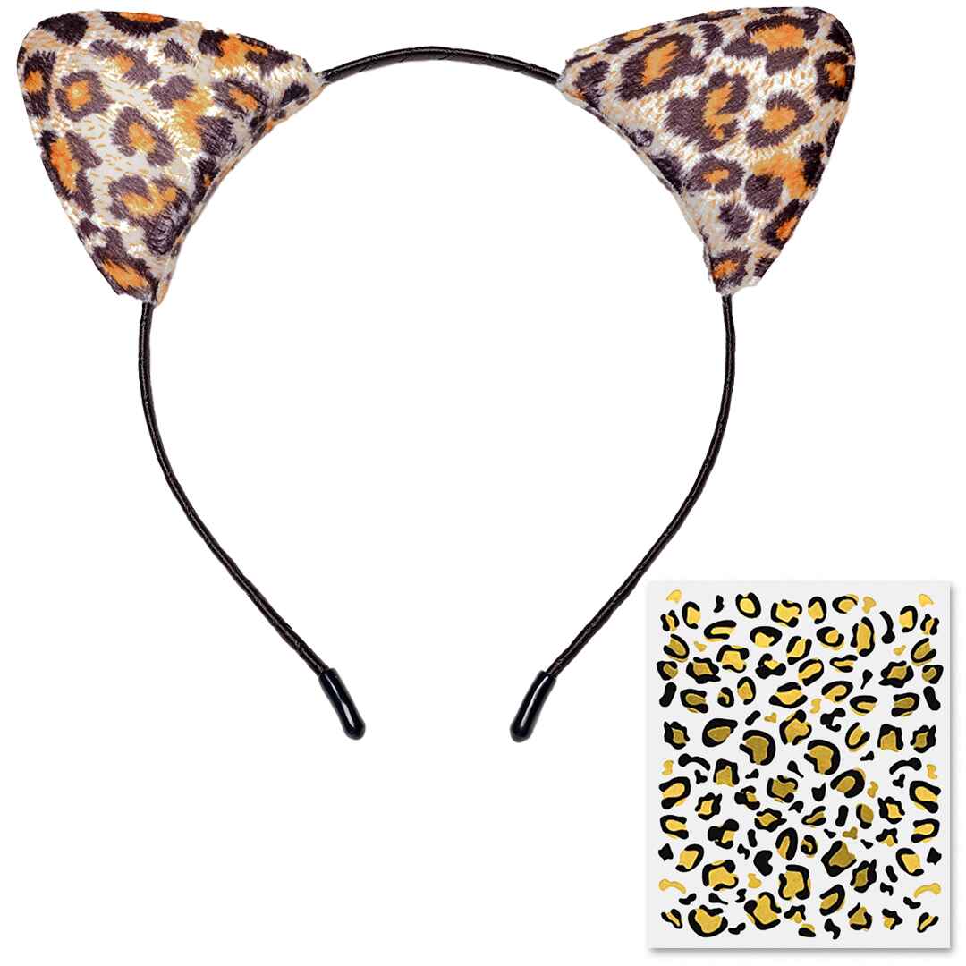 Leopard Ears Headband Set - Cheetah Headband with Tattoo