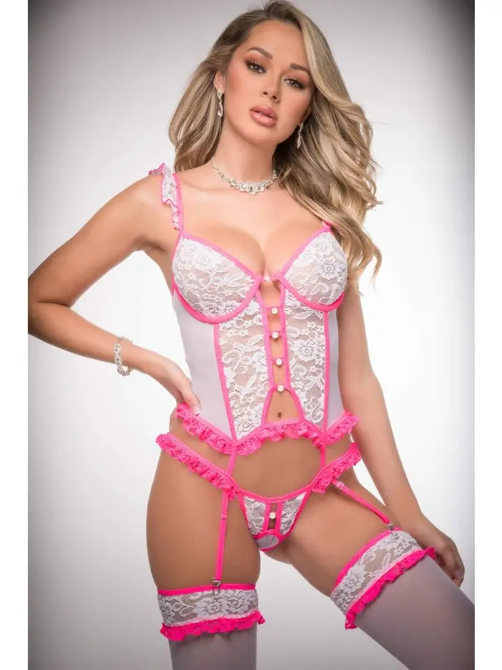 G World 2pc Corset Garter Teddy with Cut Outs & Stockings