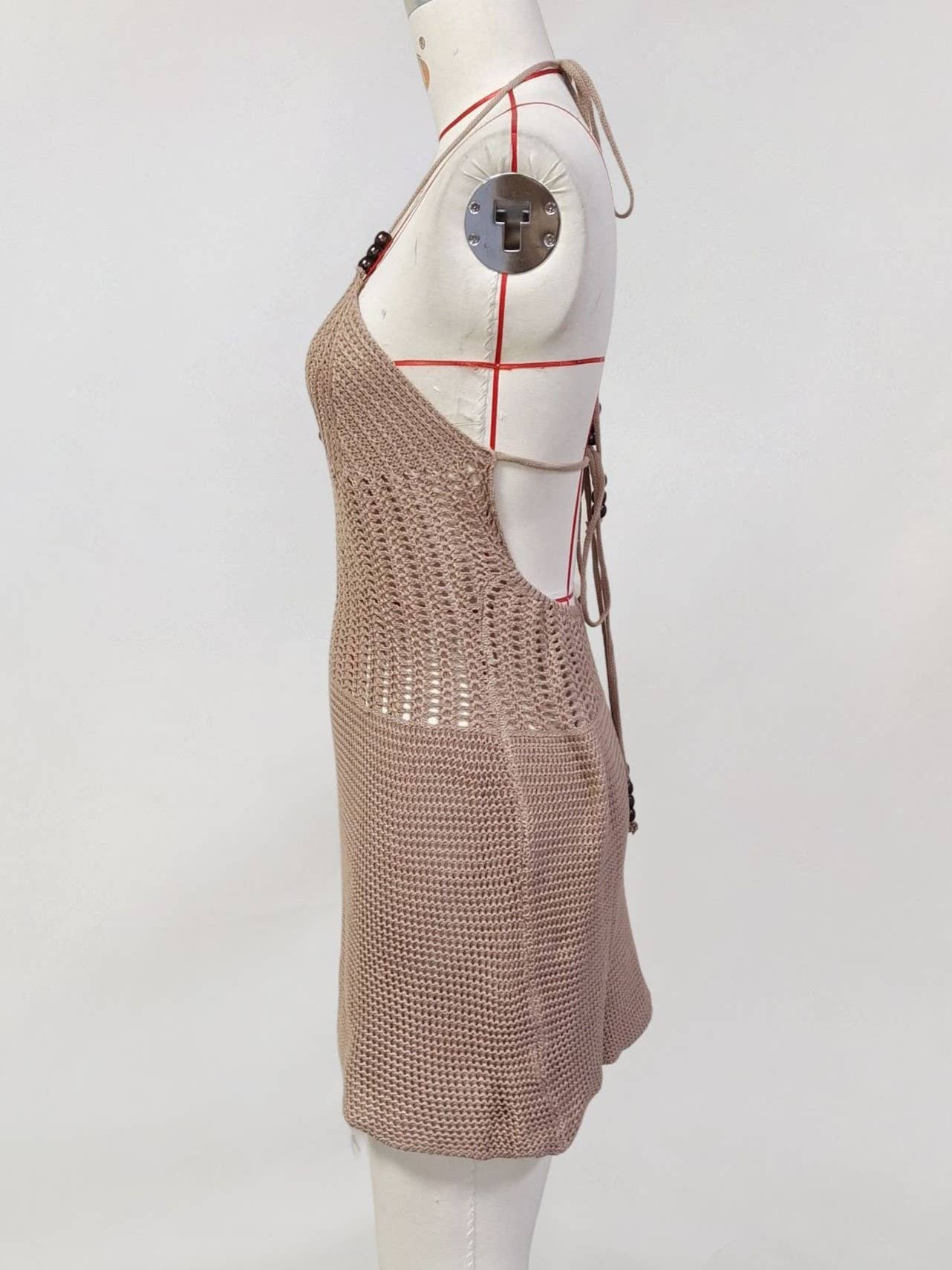 Lace-Up Halter Neck Knit Beaded Beach Cover-Up