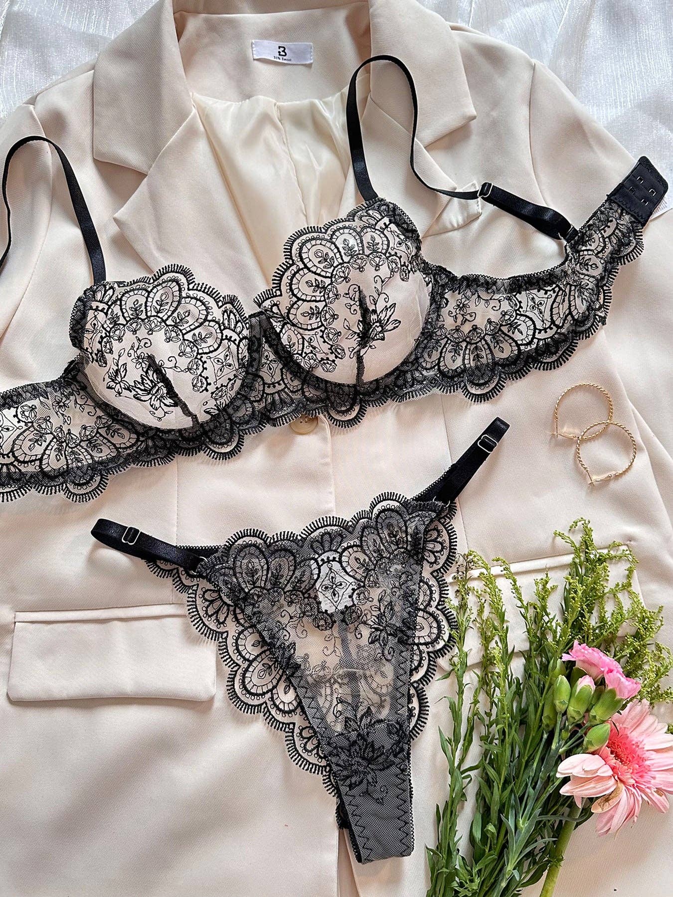 Flower Embroidery Perspective Sexy Lingerie Set