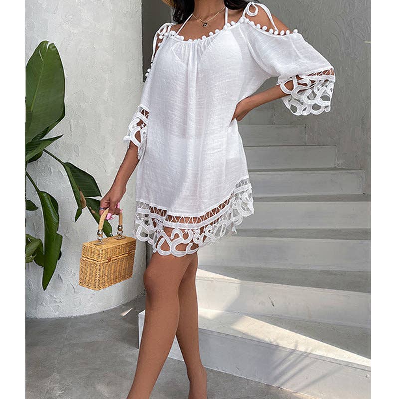 Hollow Out Cutout Lace off-Shoulder Strap Sexy Solid Color Loose Casual Sun Protection Swimsuit Cover