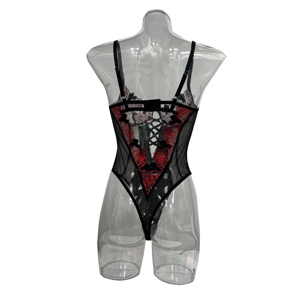 Ladies Floral Embroidery Lingerie See Through Teddy SKLG4028