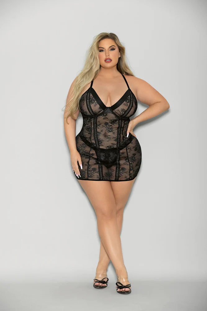 Escante -Queen Boss Lady Lace Chemise - BLACK
