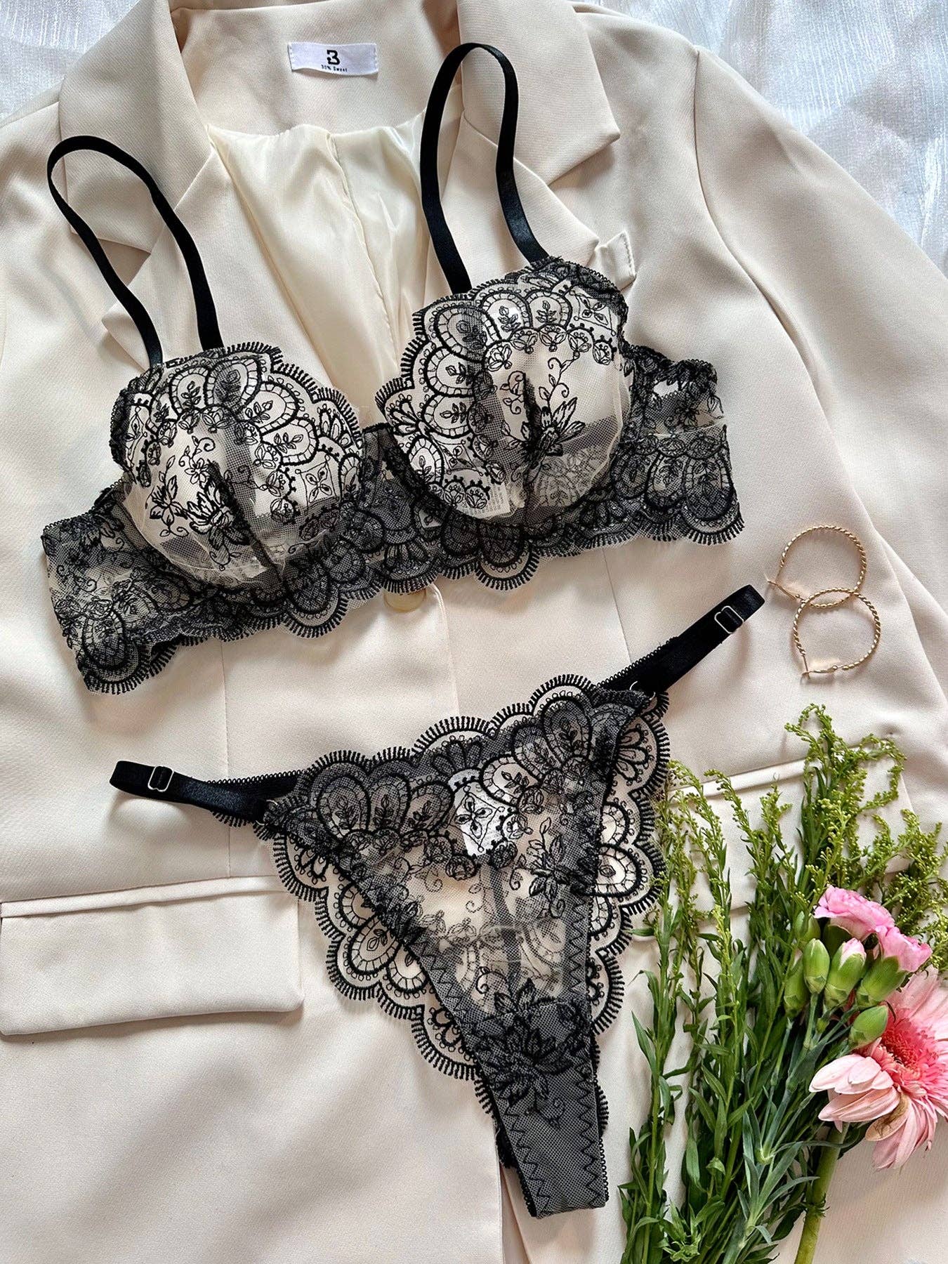 Flower Embroidery Perspective Sexy Lingerie Set