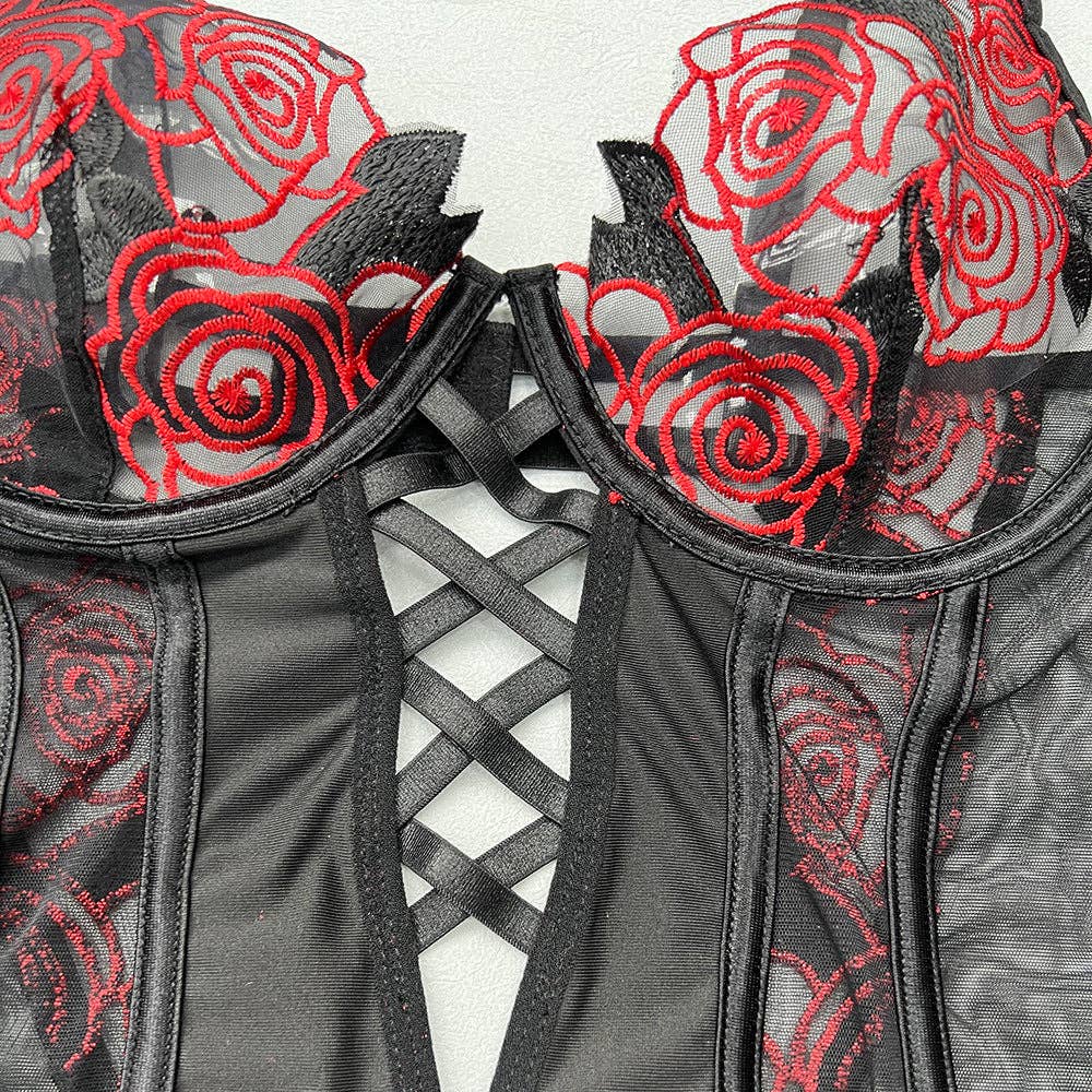 Ladies Floral Embroidery Lingerie See Through Teddy SKLG4028