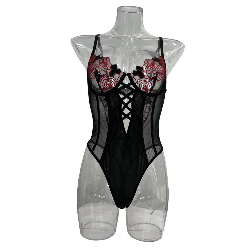 Ladies Floral Embroidery Lingerie See Through Teddy SKLG4028