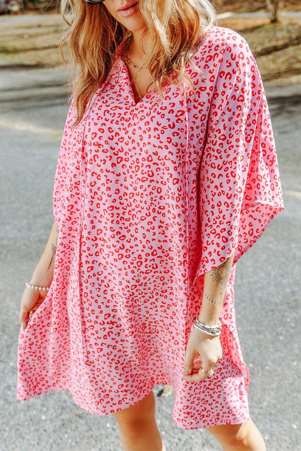 Relaxed Tie Neck Leopard Dress Swimsuit Coverup