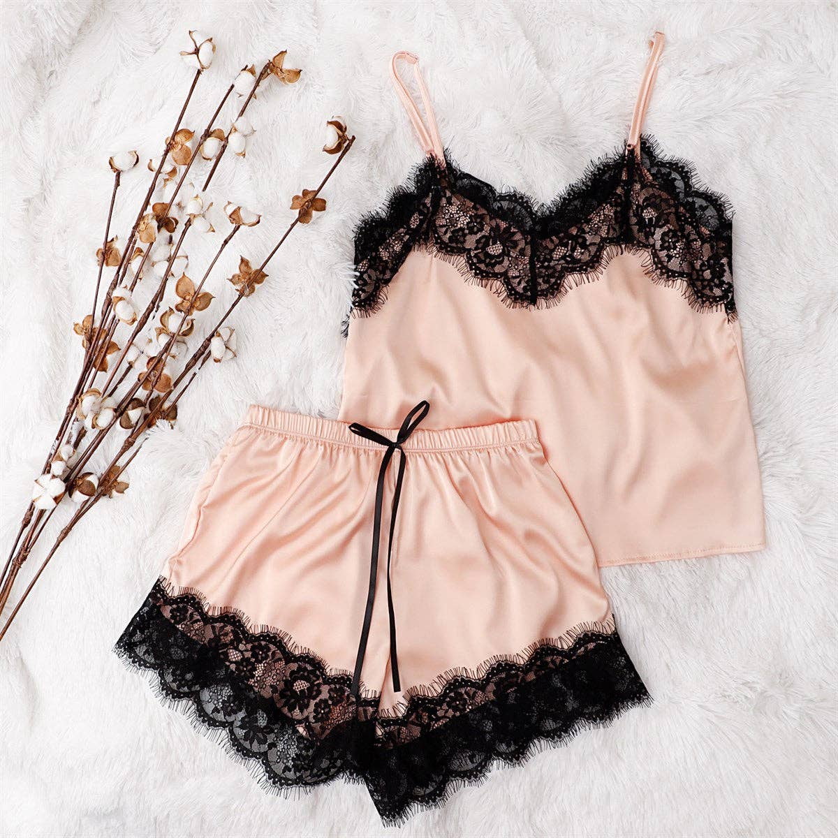 Satin Lace Cami Shorts Set
