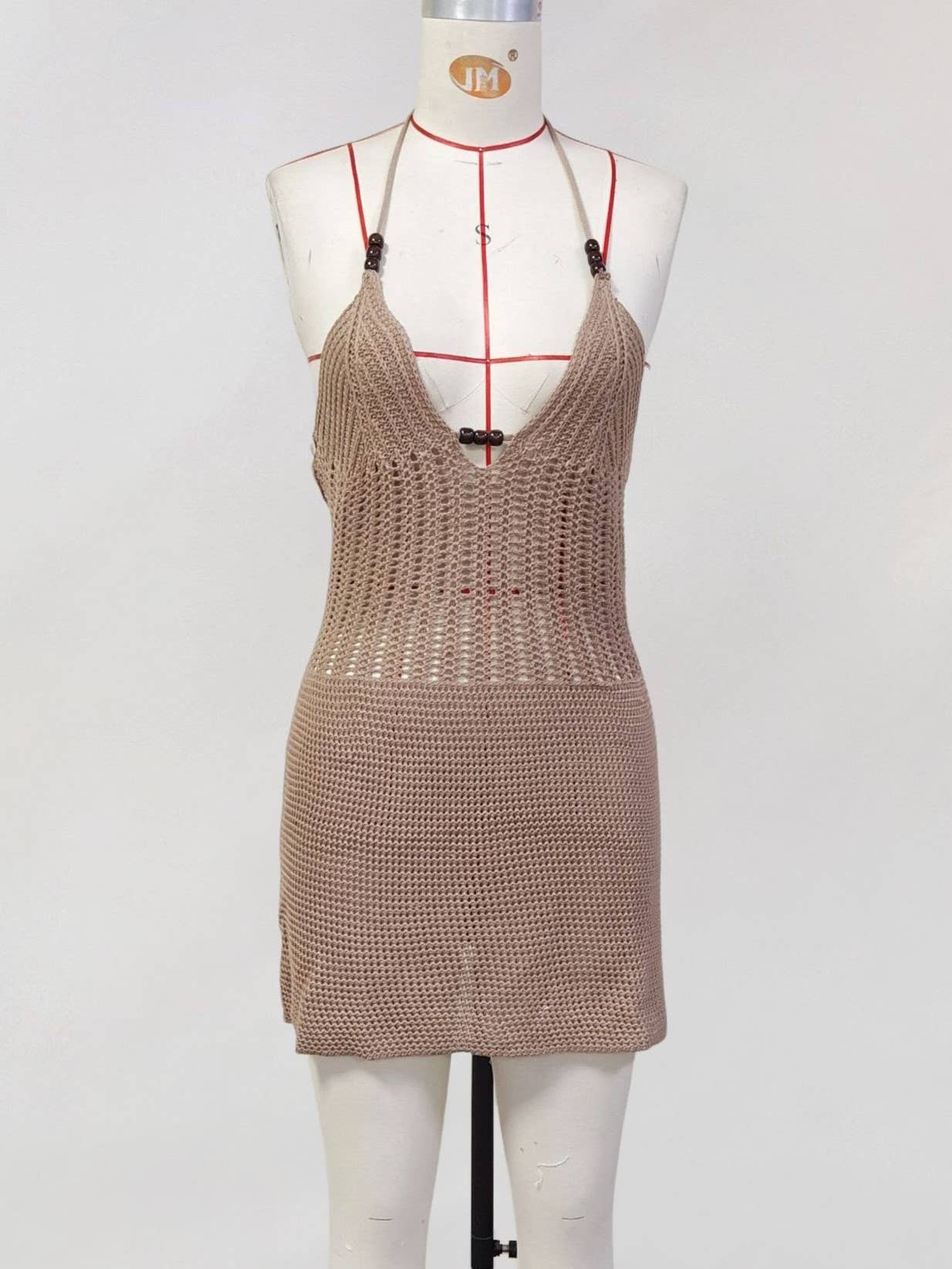 Lace-Up Halter Neck Knit Beaded Beach Cover-Up