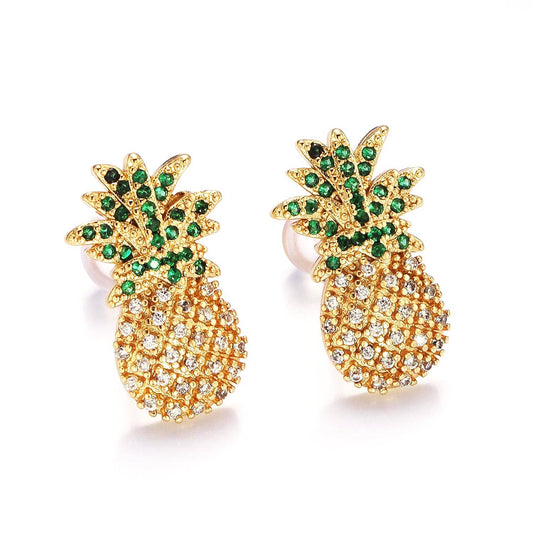 Gold Fruit Pineapple Micro Paved CZ Stud Earrings