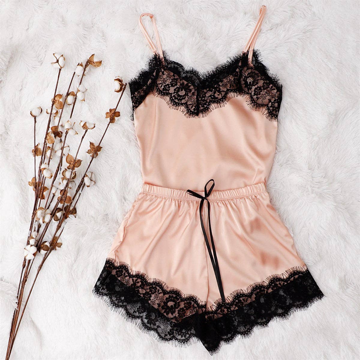 Satin Lace Cami Shorts Set