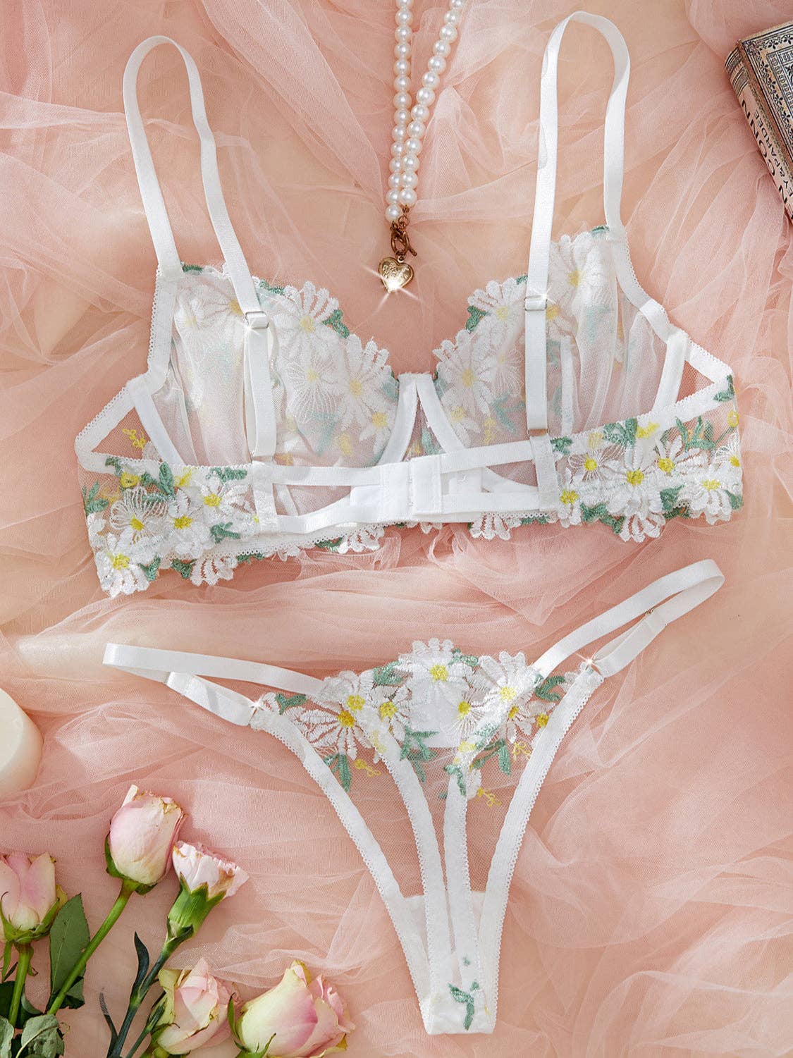 Ladies Embroidery Daisy Bra Thong Lingerie Set