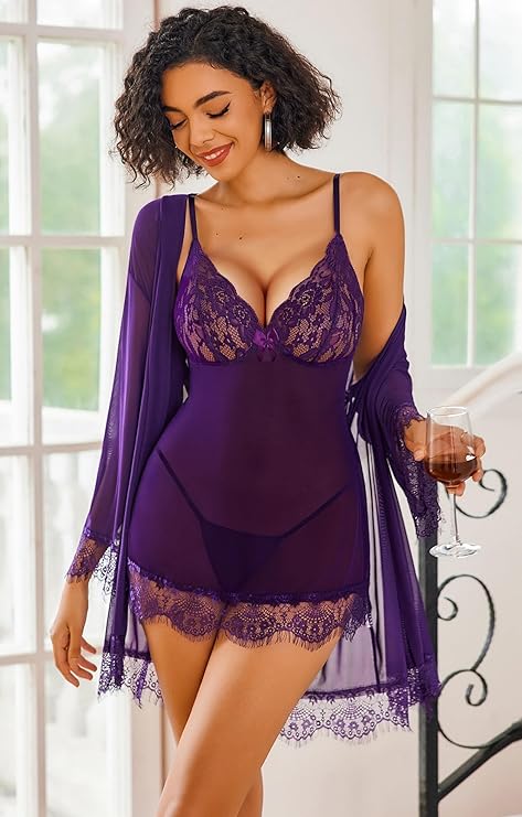 Sexy Lingerie for Women 3 Piece Lingerie Sets Lace Lingerie Robe Mesh Nightgown