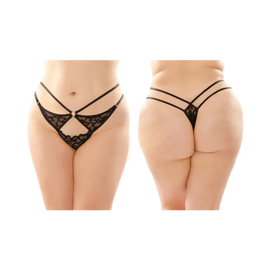 Fantasy Lingerie Jasmine Strappy Lace Thong With Front Keyhole Cutout  Queen Size Black