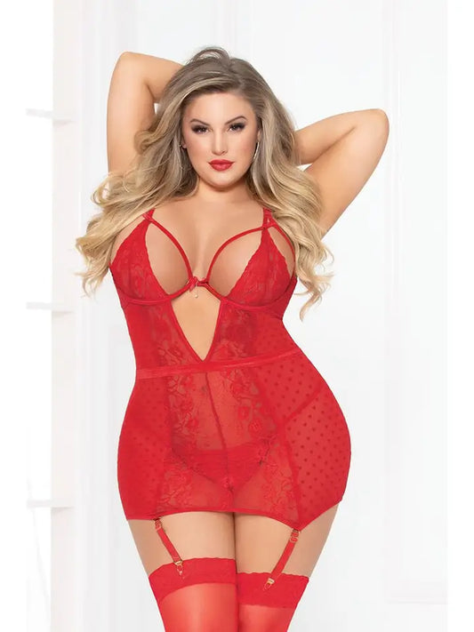 Seven Til Midnight Two Piece Heart Mesh and Lace Chemise