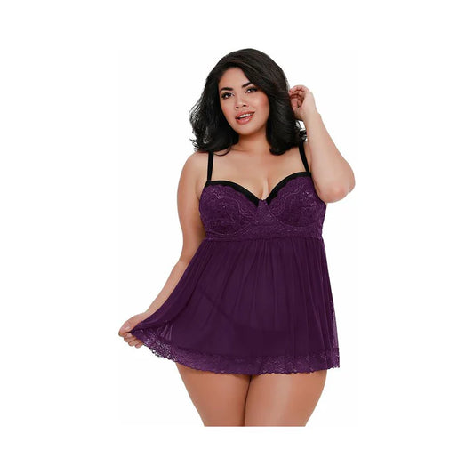 Dreamgirl Stretch Mesh and Lace Babydoll Plum Queen