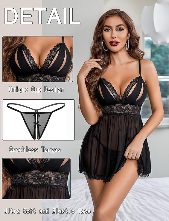 Sexy Lace Babydoll Lingerie for Women Sheer Mesh Sleepwear Boudoir Outfits Chemise Exotic Nightgowns