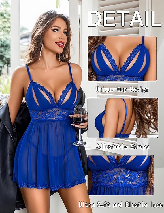 Sexy Lace Babydoll Lingerie for Women Sheer Mesh Sleepwear Boudoir Outfits Chemise Exotic Nightgowns