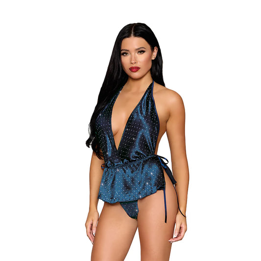 Dreamgirl Satin Plunge Teddy with Sparkle Detail Twilight