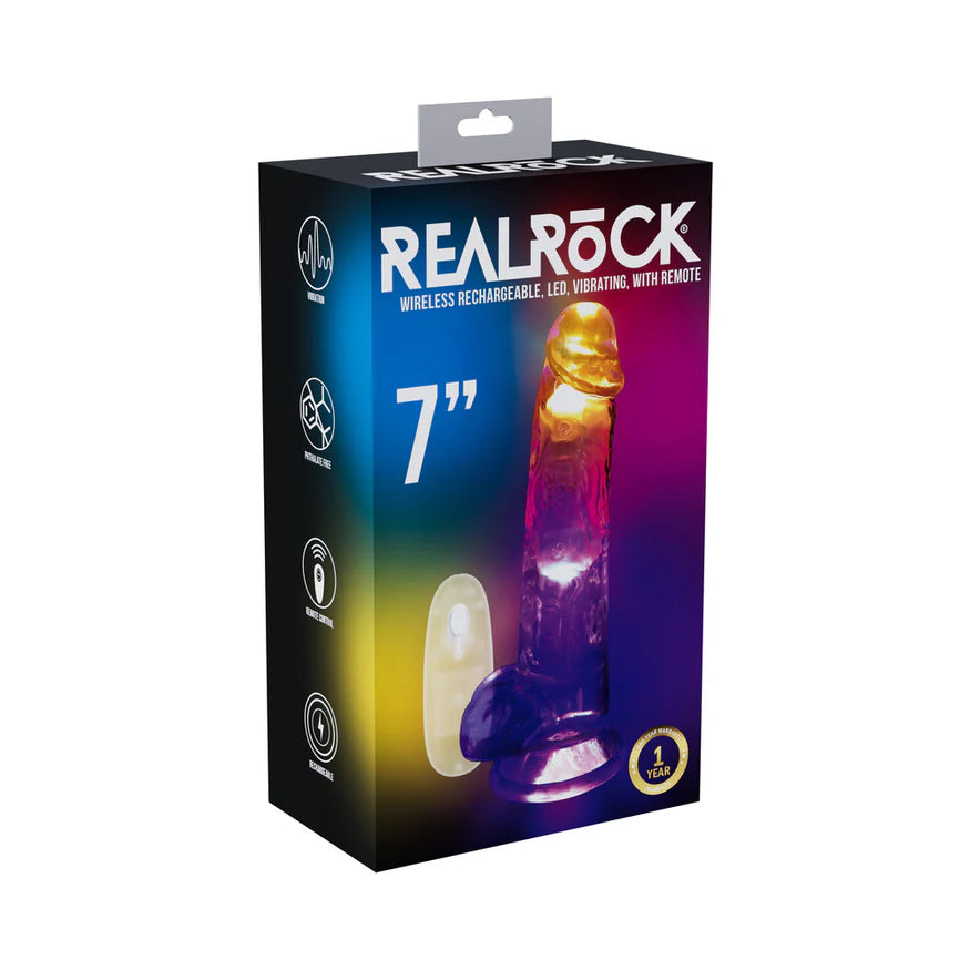 RealRock Wireless Rechargeable Remote Control LED Vibrating Dildo with Balls Clear