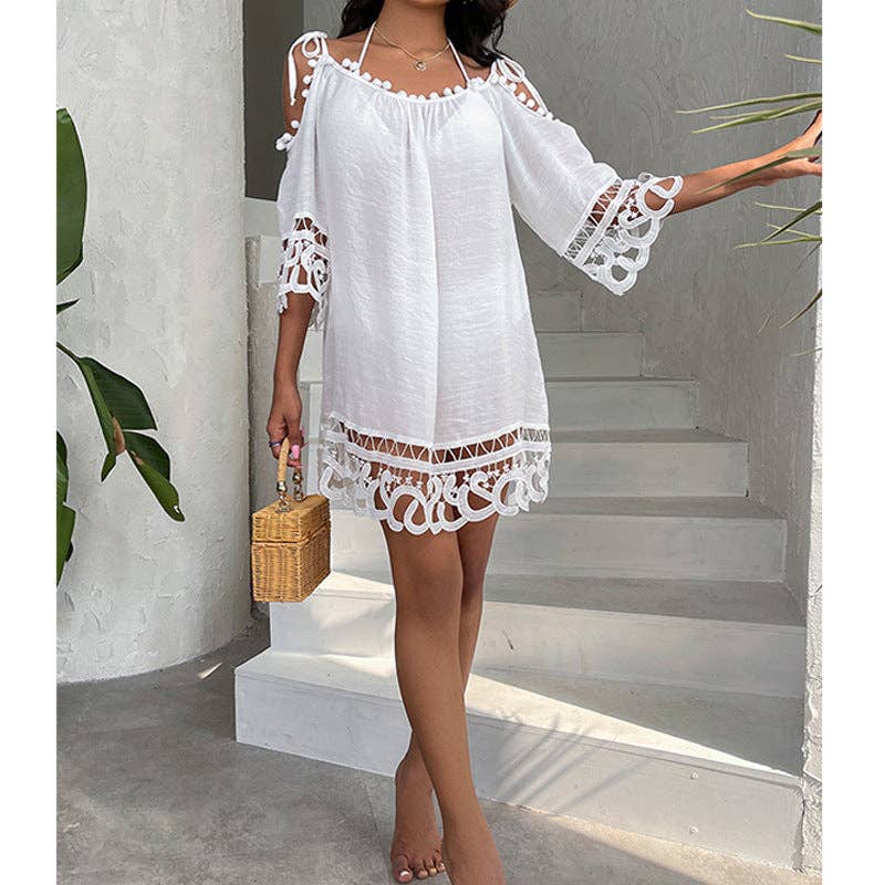 Hollow Out Cutout Lace off-Shoulder Strap Sexy Solid Color Loose Casual Sun Protection Swimsuit Cover