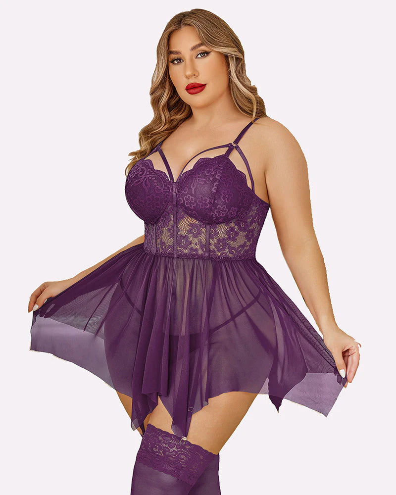 Lace Babydoll Mesh Chemise Boudoir Nighty with Garter Belt