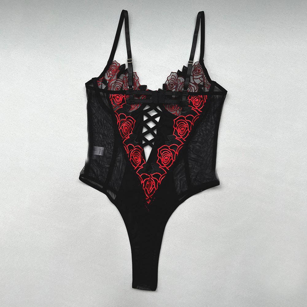 Ladies Floral Embroidery Lingerie See Through Teddy SKLG4028