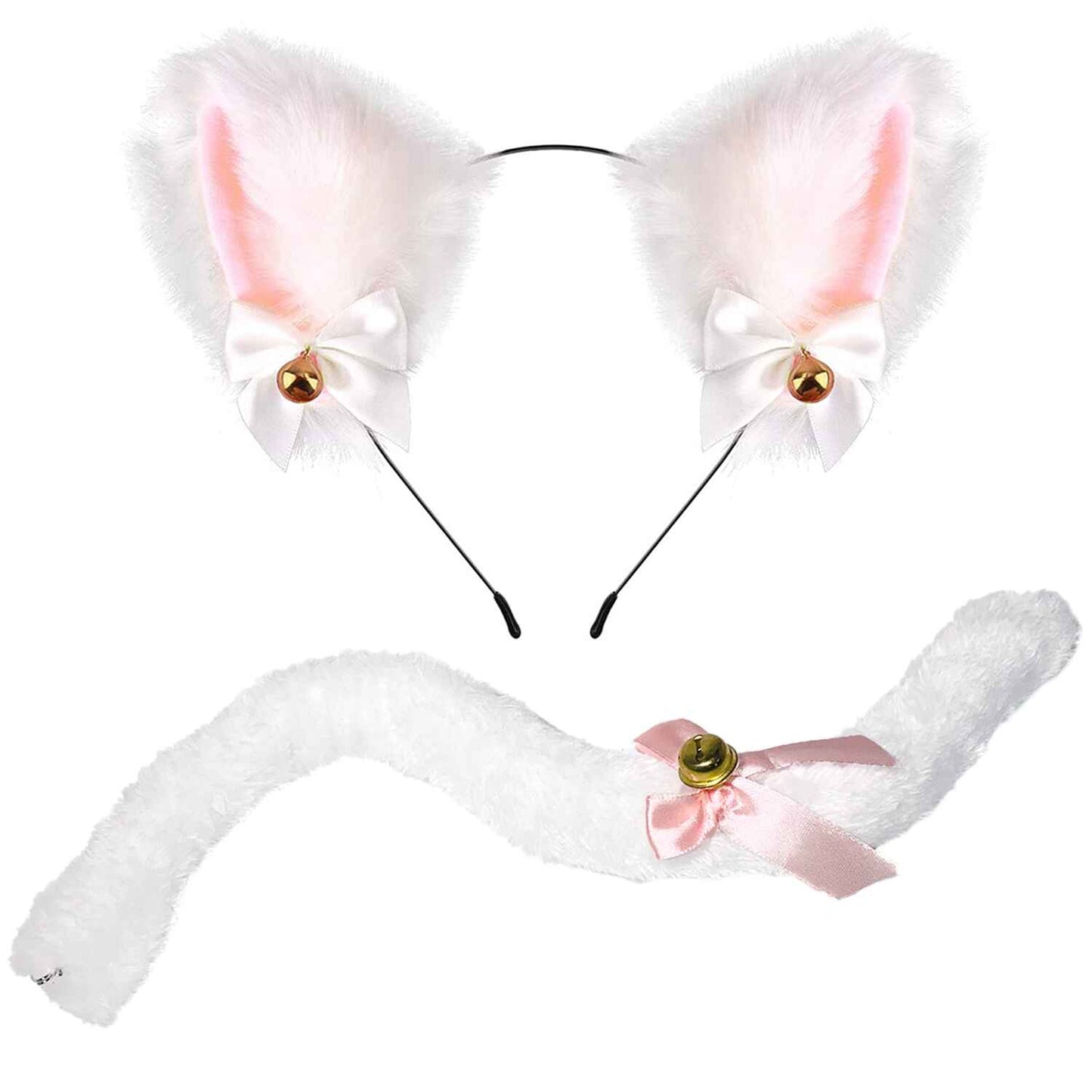 White Cat Ears and Tail Set - Cat Ears Headband with Tail