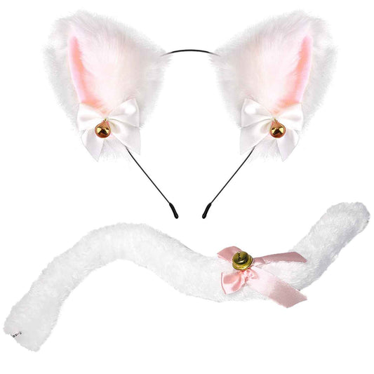 White Cat Ears and Tail Set - Cat Ears Headband with Tail