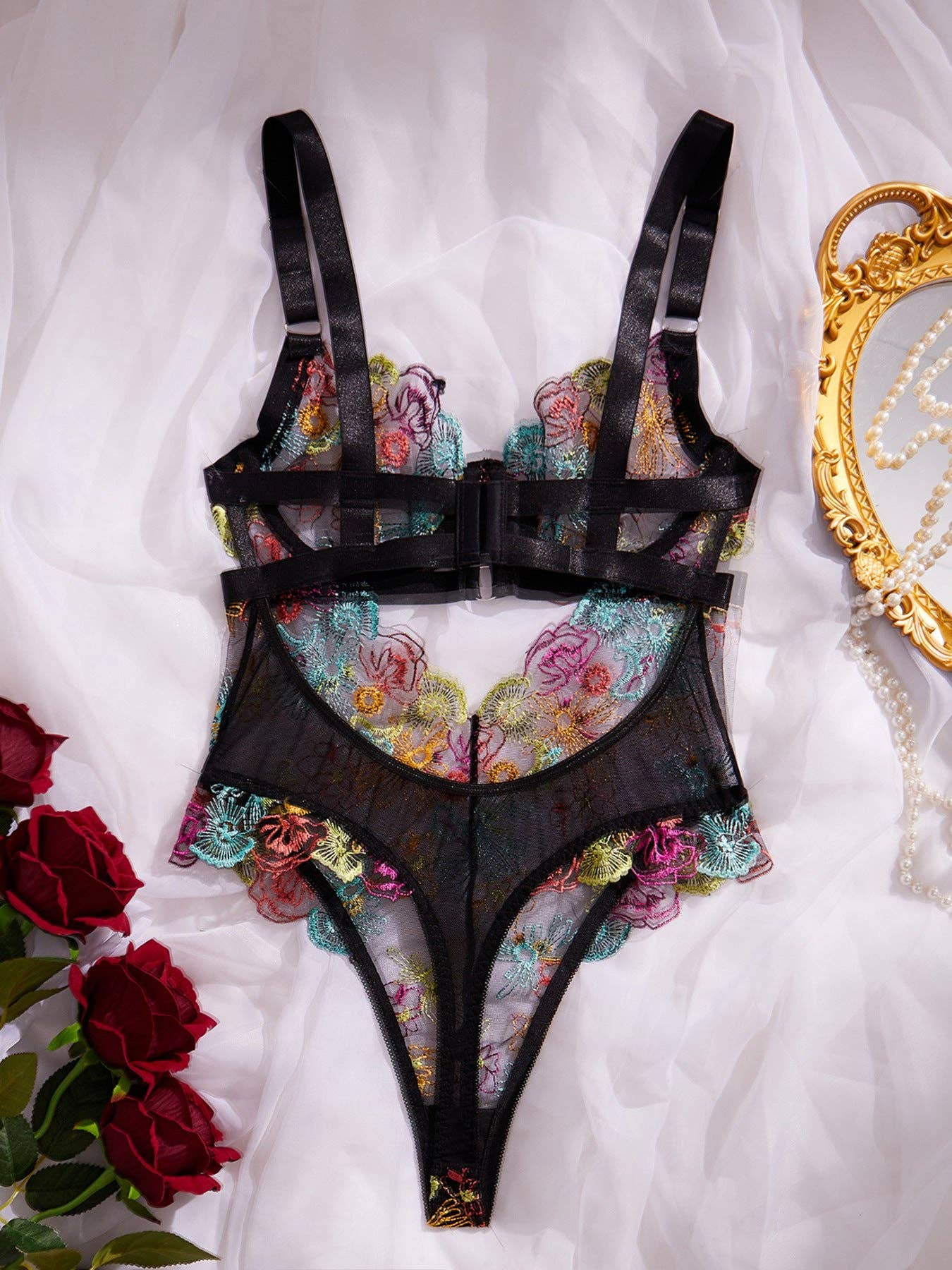 Ladies Rose Embroidery See Through Lingerie Teddy SKLG4038