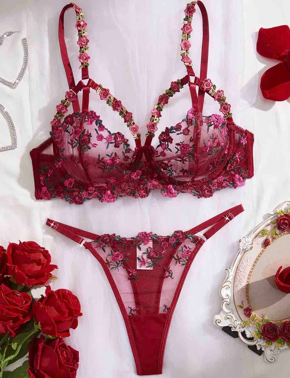 Ladies Floral Embroidery See Through 2PCS Lingerie Set