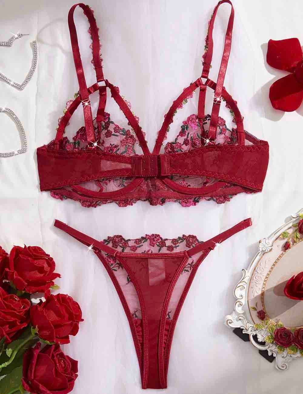 Ladies Floral Embroidery See Through 2PCS Lingerie Set