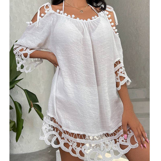 Hollow Out Cutout Lace off-Shoulder Strap Sexy Solid Color Loose Casual Sun Protection Swimsuit Cover