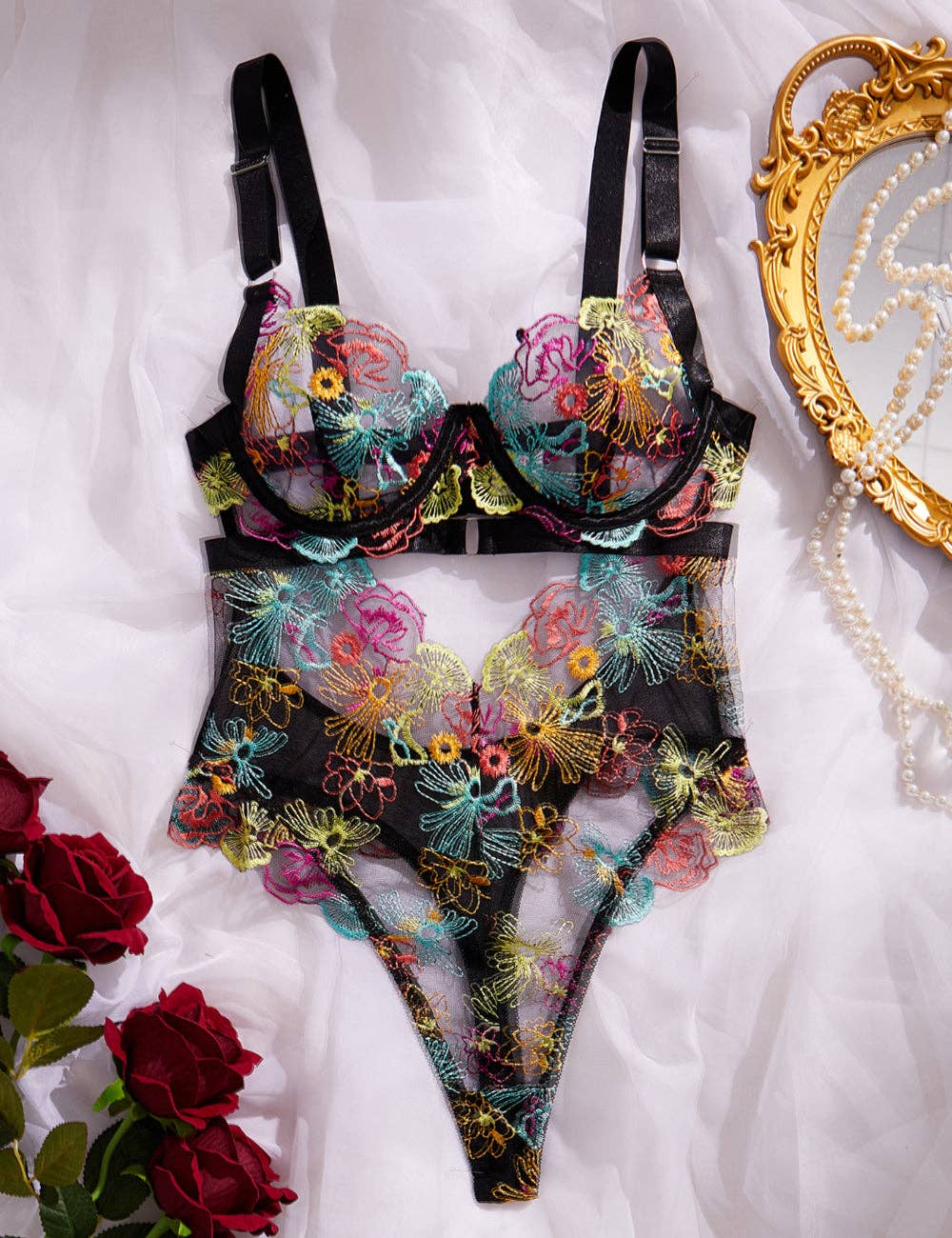 Ladies Rose Embroidery See Through Lingerie Teddy SKLG4038