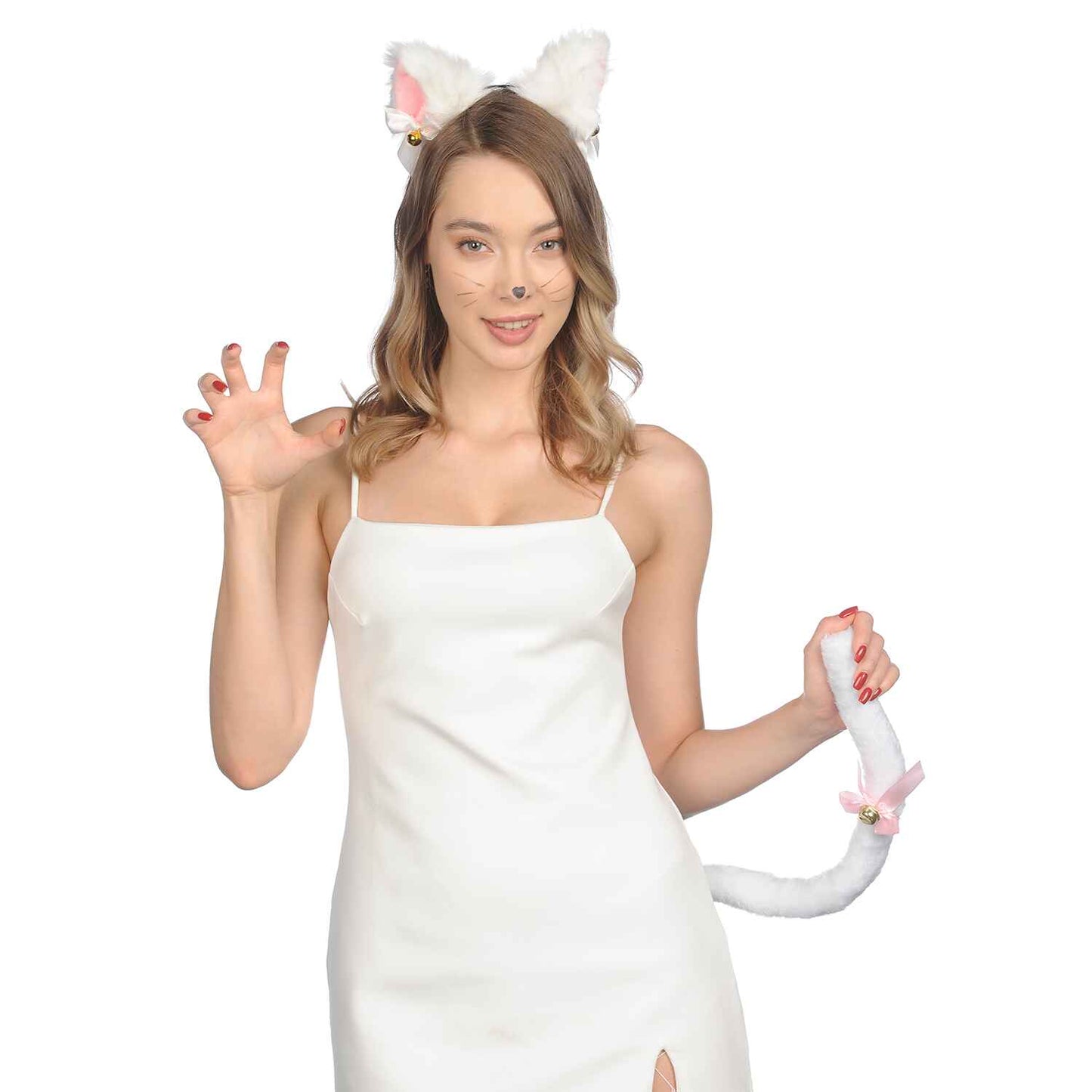 White Cat Ears and Tail Set - Cat Ears Headband with Tail