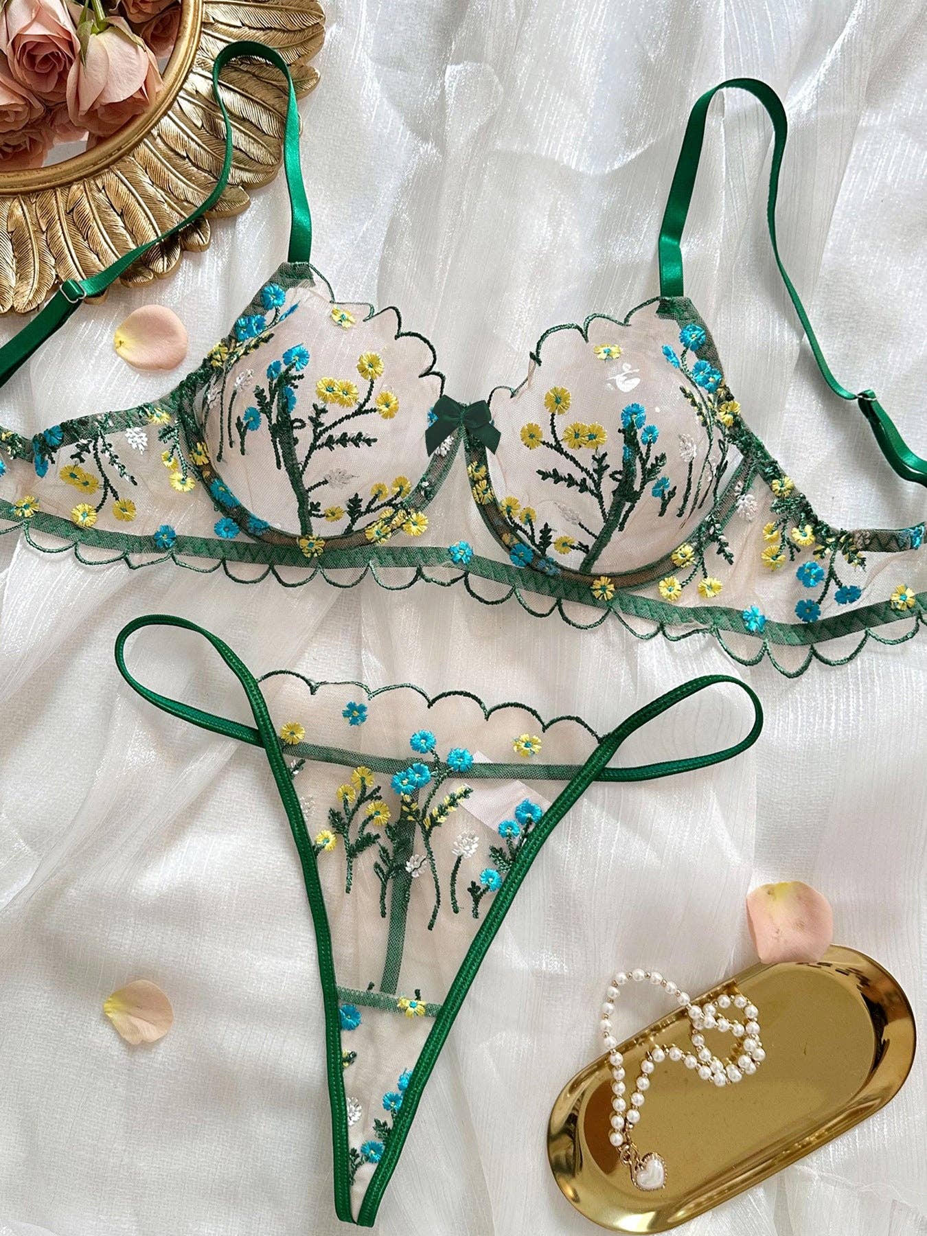 Sweet Floral Embroidery Lingerie Set