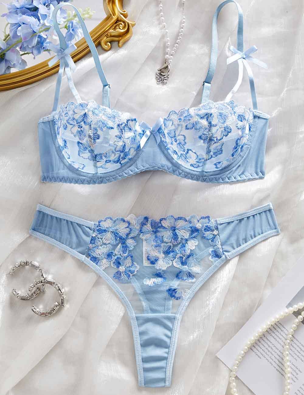 Ladies Sexy Sheer Mesh Embroider Lingerie Set